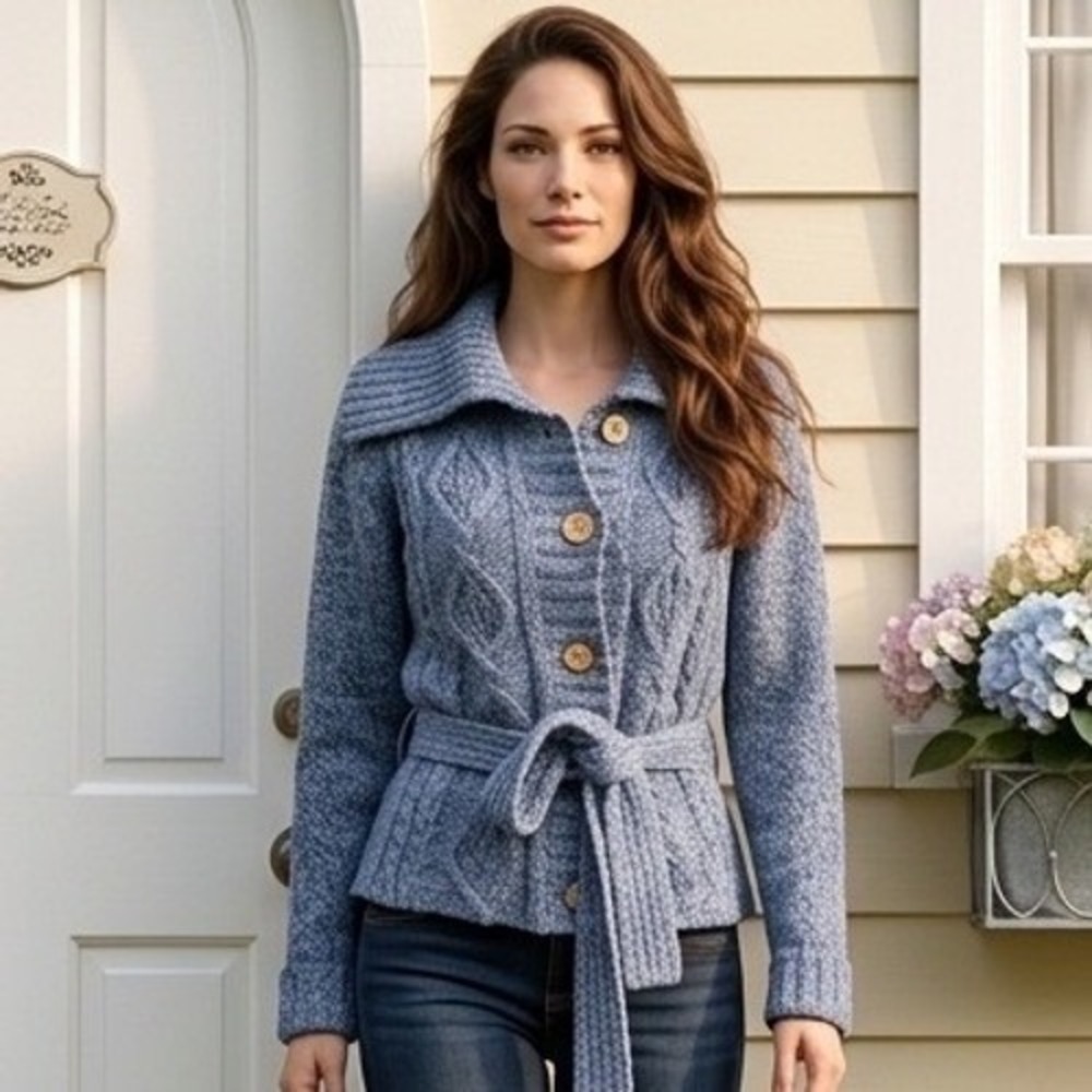 Carraig Donn Ireland Blue Wool Cable Knit Belted Outlander Sweater Quilted Liner